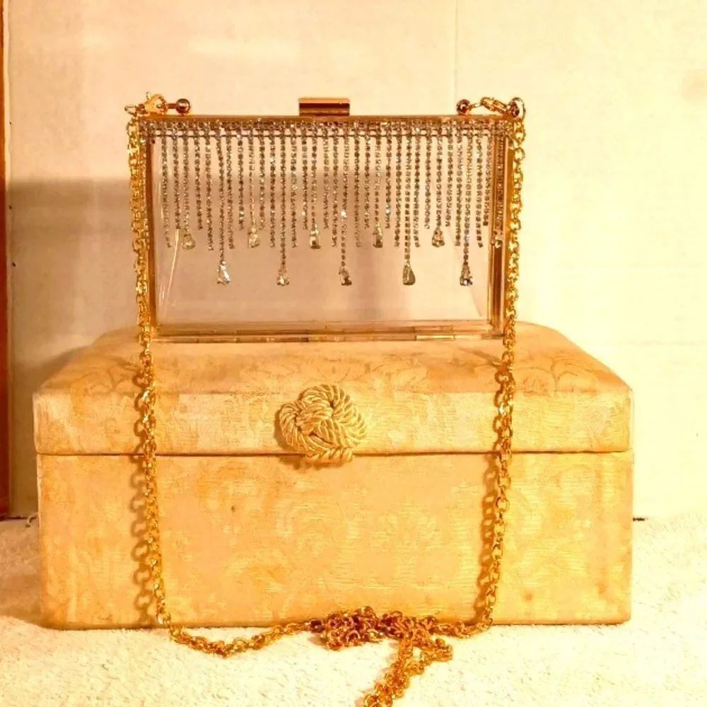 Clear Acrylic Rhinestone and Gold Hardbody Gold Chain Crossbody Clutch 7…